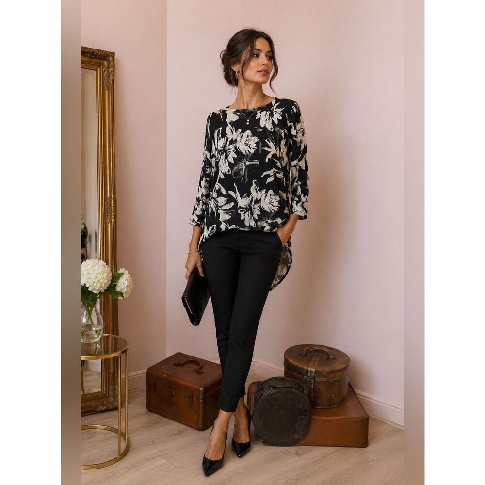 Vintage Concept High Low Black and White Floral Blouse